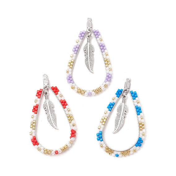 3 шт. 3 цвета стеклянные бусины в стиле бохо-стиль с подвесками в виде перьев, цвета нержавеющей стали 304 выводы из нержавеющей стали