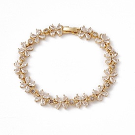 Clear Cubic Zirconia Flower Link Chain Bracelet, Rack Plating Brass Jewelry for Women, Cadmium Free & Lead Free