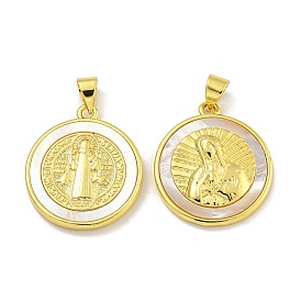 Rack Plating Brass Pave Nature Shell Religion Pendants, Flat Round Charms, Real 18K Gold Plated, Long-Lasting Plated, Lead Free & Cadmium Free