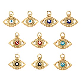 10Pcs 5 Colors Rack Plating Brass Enamel Pendants, with Jump Ring, Real 18K Gold Long-Lasting Plated, Evil Eye