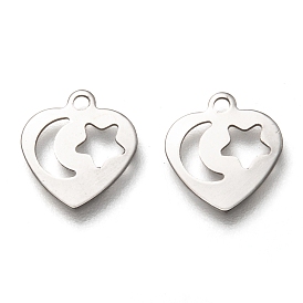 201 Stainless Steel Charms, Laser Cut, Heart with Hollow Moon & Star