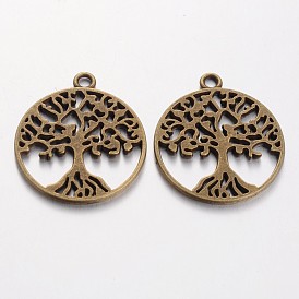 Tibetan Style Alloy Pendants, Flat Round with Tree Pattern, Cadmium Free & Lead Free, 29x25x1.5mm, Hole: 2mm