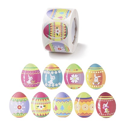 9 Patterns Easter Theme Self Adhesive Paper Sticker Rolls, Egg-Shaped Sticker Labels, Gift Tag Stickers, Rabbit & Flower/Stripe & Wave & Heart/Floral & Cross Pattern