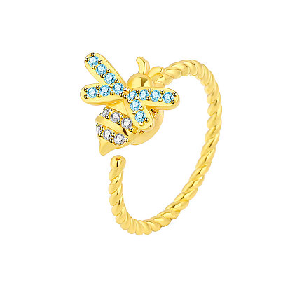 Bees Rotatable Open Cuff Rings for Women, Brass Micro Pave Cubic Zirconia Fidget Spinner Rings