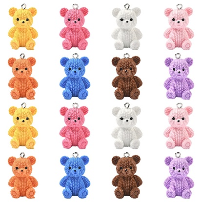 16Pcs 8 Colors 3D Resin Pendants, Bear, with Platinum Iron Loop