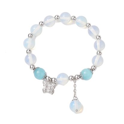 Pulseras elásticas redondas de opalita y ojo de gato de 10 mm, Pulseras de mariposas y dijes redondos para mujer.