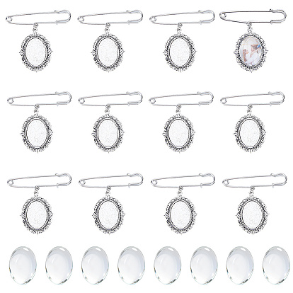 Alloy Oval Tray Brooch Base Settings, with Transparent Glass Cabochons