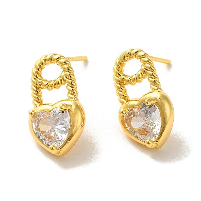 Heart Brass Micro Pave Cubic Zirconia Stud Earrings, with 925 Sterling Silver Pins