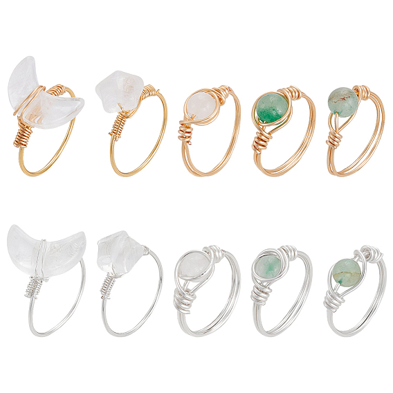 10Pcs Copper Wire Wrapped Natural Green Aventurine & White Jade & Quartz Crystal Finger Rings