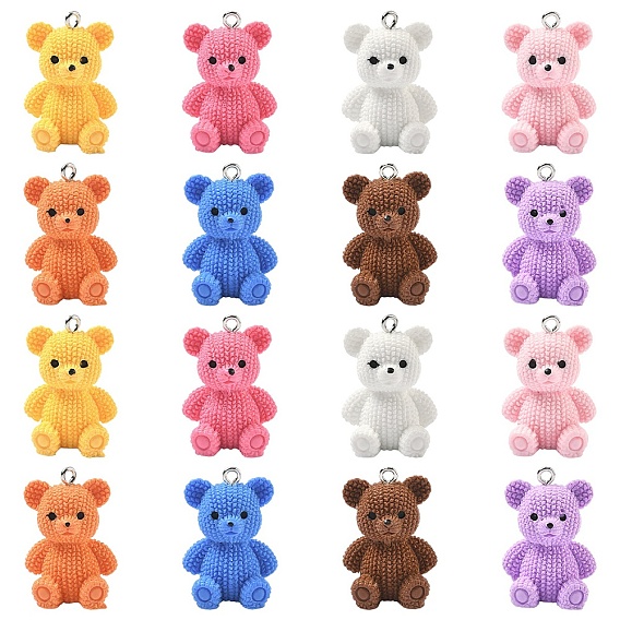 16Pcs 8 Colors 3D Resin Pendants, Bear, with Platinum Iron Loop