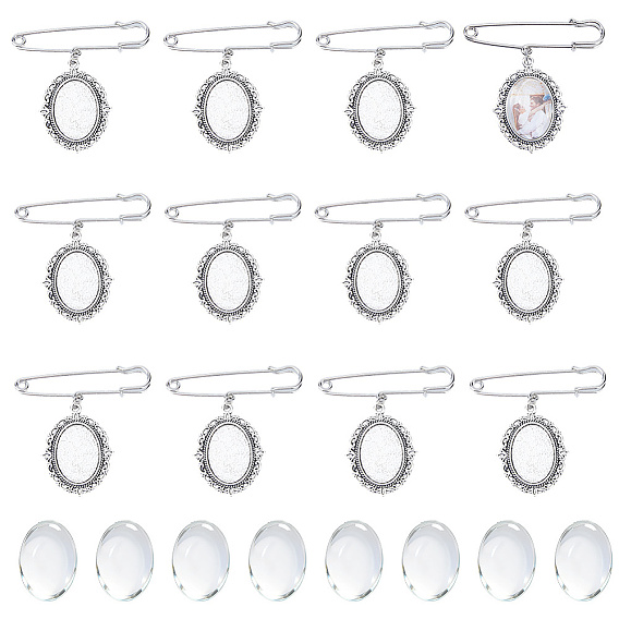 Alloy Oval Tray Brooch Base Settings, with Transparent Glass Cabochons