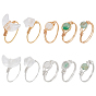 10Pcs Copper Wire Wrapped Natural Green Aventurine & White Jade & Quartz Crystal Finger Rings