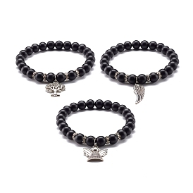 Matte Round Synthetic Black Stone Energy Stretch Bracelet, Alloy Charm Bracelet for Girl Women, Mixed Shapes