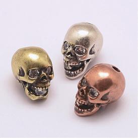 Brass Micro Pave Grade AAA Cubic Zirconia Beads, Long-Lasting Plated, Cadmium Free & Nickel Free & Lead Free, Skull