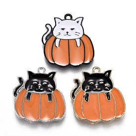Autumn Theme Alloy Enamel Pendants, Cat with Orange Pumpkin