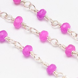Cuentas de cuentas de jade rondelle facetadas hechas a mano para hacer collares pulseras, con carrete, sin soldar, con hallazgo de latón plateado color plata, 12x4 mm, aproximadamente 4 metros / rollo