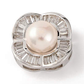 925 Sterling Silver Slide Charms, with Natural Pearl Bead & Clear Cubic Zirconia, Square