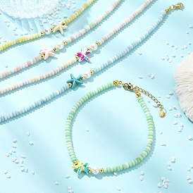 Ocean Dyed Synthetic Turquoise Starfish & Rondelle Glass Beaded Anklets for Women, Golden