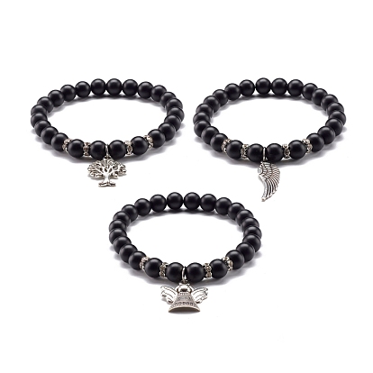 Matte Round Synthetic Black Stone Energy Stretch Bracelet, Alloy Charm Bracelet for Girl Women, Mixed Shapes