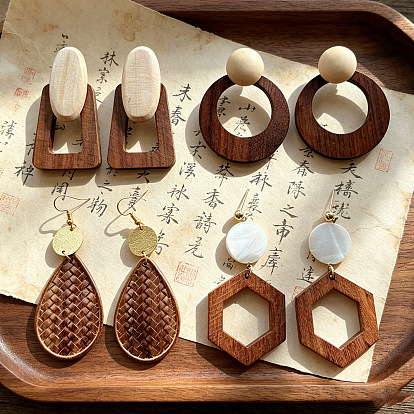 Wood & Alloy Stud Earrings for Women, Golden