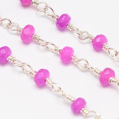 Cuentas de cuentas de jade rondelle facetadas hechas a mano para hacer collares pulseras, con carrete, sin soldar, con hallazgo de latón plateado color plata, 12x4 mm, aproximadamente 4 metros / rollo