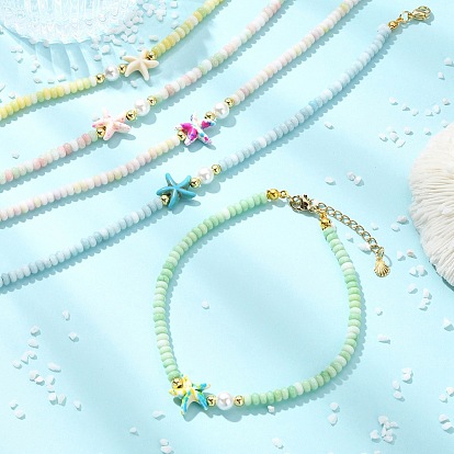 Ocean Dyed Synthetic Turquoise Starfish & Rondelle Glass Beaded Anklets for Women, Golden