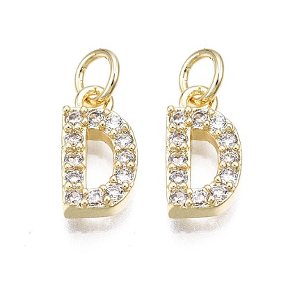 Brass Micro Pave Clear Cubic Zirconia Charms, with Jump Rings, Real 18K Gold Plated, Cadmium Free & Nickel Free & Lead Free, Alphabet