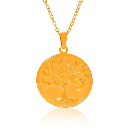 304 Женские колье из нержавеющей стали с плоским круглым кулоном в виде дерева жизни