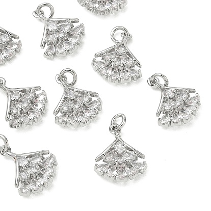SHEGRACE Brass Micro Pave Cubic Zirconia Pendants, Cadmium Free & Nickel Free & Lead Free, Ginkgo Leaf Charms, Clear