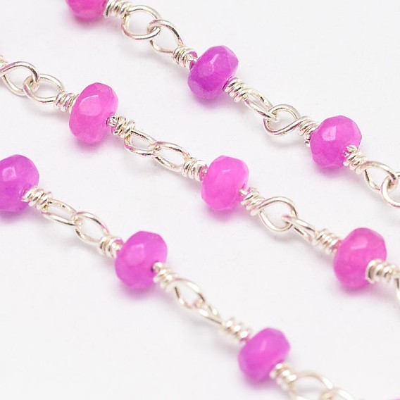 Handmade Faceted Jade Rondelle Beads Decorative Chains for Necklaces Bracelets Making, with Spool, Unwelded, with Silver Color Plated Brass Finding, 12x4mm, about 4meter/roll