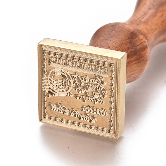 Brass Retro Wax Sealing Stamp, with Wooden Handle, for Post Decoration DIY Card Making, Square