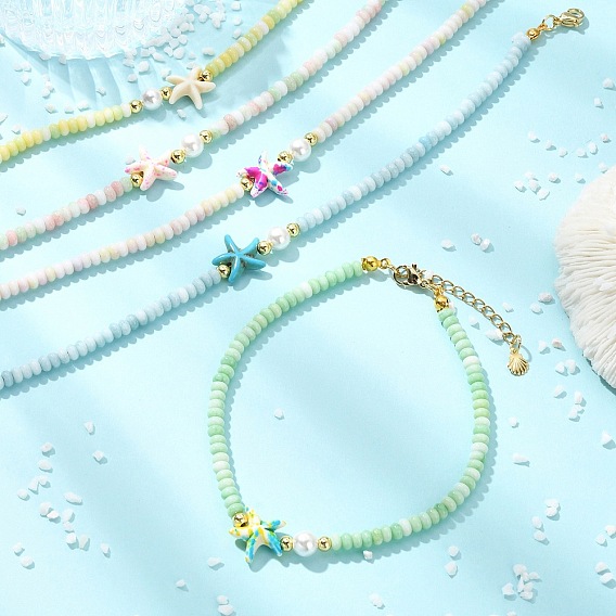 Ocean Dyed Synthetic Turquoise Starfish & Rondelle Glass Beaded Anklets for Women, Golden