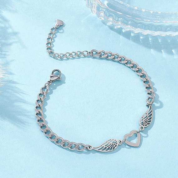 201 из нержавеющей стали ссылка браслеты, 304 браслеты из нержавеющей стали с кубинскими звеньями для женщин, сердце и перо