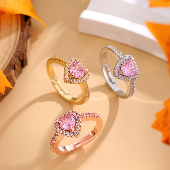Кольца-манжеты в форме сердца из латуни с микропаве из ярко-розового кубического циркония для женщин