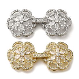 Rack Plating Flower Brass Micro Pave Clear Cubic Zirconia Fold Over Clasps, Long-Lasting Plated, Lead Free & Cadmium Free