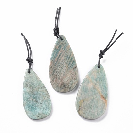Natural Flower Amazonite Big Pendants, with Leather Strap, Teardrop