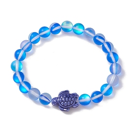 8mm Round Dyed Synthetic Moonstone Beaded Stretch Bracelets, Beach Tortoise Handmade Porcelain Bracelets for Women