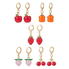 Fruit Handmade Lampwork Pendants Dangle Earrings, with Brass Leverback Earring Findings, Golden, Apple/Peach/Cherry/Persimmon/Strawberry Pattern