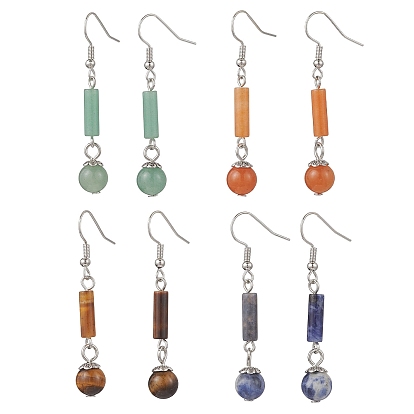 Серьги-подвески с натуральным зеленым авантюрином, красным авантюрином, содалитом и тигровым глазом, с  латунными крючками для серег, колонка с круглыми, платина