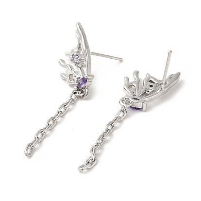 Purple Cubic Zirconia Butterfly Dangle Stud Earring, Brass Tassel Drop Earrings for Women, Cadmium Free & Nickel Free & Lead Free