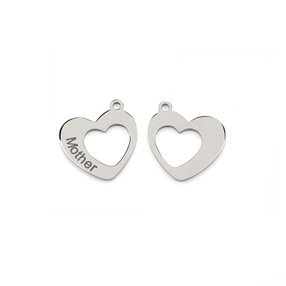 304 Stainless Steel Pendants, Hollow Heart with Word Mother