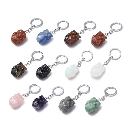 Natural Gemstone Pendant Keychains, with Iron Keychain Findings, Owl