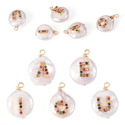 5шт 5 стили подвески из натурального культивированного пресноводного жемчуга, с микропаве из латуни и цветными кубическими цирконами, плоско-круглые, золотые