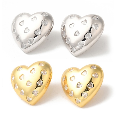 Серьги-пусеты из латуни с микропаве и прозрачным фианитом, без кадмия и без свинца, долговечный, сердце