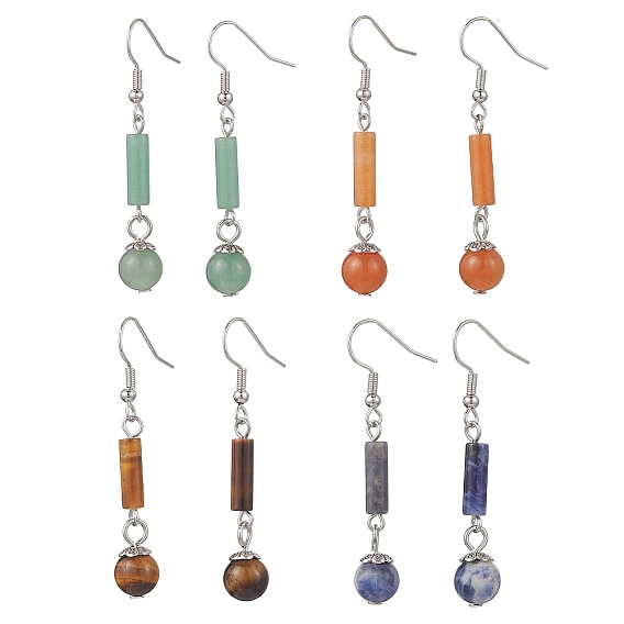 Серьги-подвески с натуральным зеленым авантюрином, красным авантюрином, содалитом и тигровым глазом, с  латунными крючками для серег, колонка с круглыми, платина