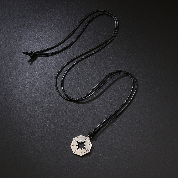 Регулируемый кулон в виде восьмиугольного компаса из сплава с вощеным шнурком для мужчин., платина