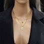 304 Stainless Steel Cable & Herringbone Chains Double Layer Necklace, Rhinestone & Natural Shell Rectangle Pendants Necklace