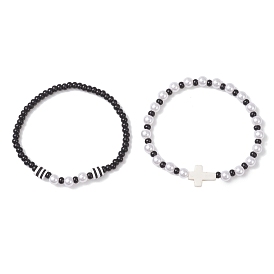 2 шт. 2 стили, АБС-пластик, искусственный жемчуг и бисер, круглые эластичные браслеты с бусинами, с синтетической бирюзой, вышитой крестом