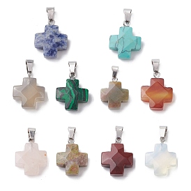 Gemstone Pendants, Cross Charms with Stainless Steel Color Plated Stainless Steel Snap on Bails