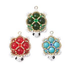 3Pcs 3 Colors Handmade Glass Seed Beads Loom Pattern Pendants, Natural Dyed Malaysia Jade & Red Jasper & Green Aventurine & Synthetic Turquoise Turtle Charms